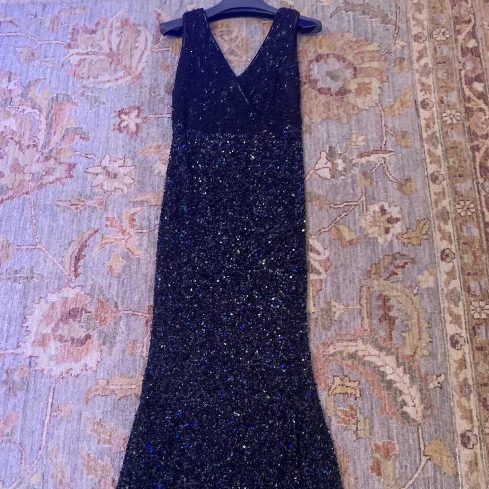Rachel Gilbert black sequin black tie long gown